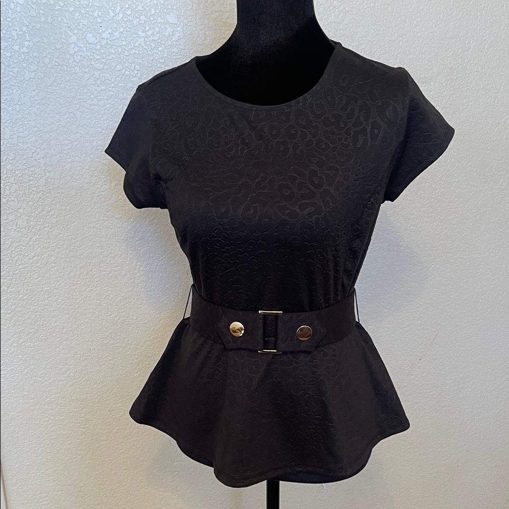 BOLD elements Black Short Sleeve Peplum Top with Belted Waist